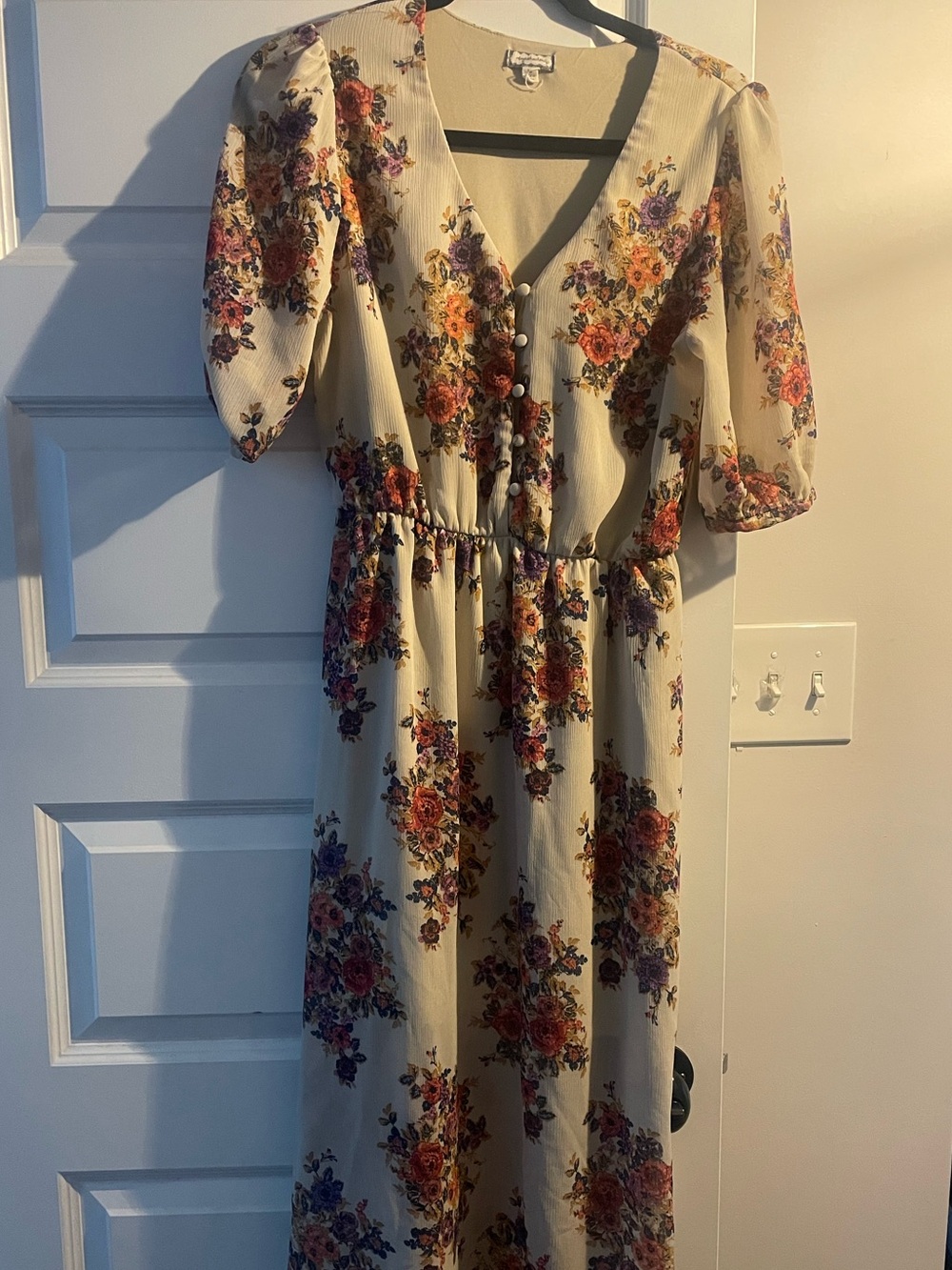 Floral Midi Dress with Buttons and Puff Sleeves